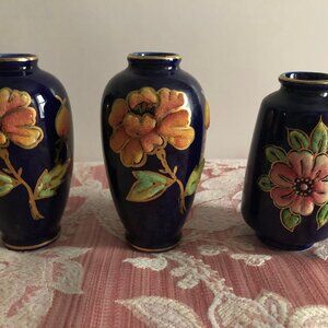 Three Vintage Japanese hand decorated small vases cobalt blue flowers moriage